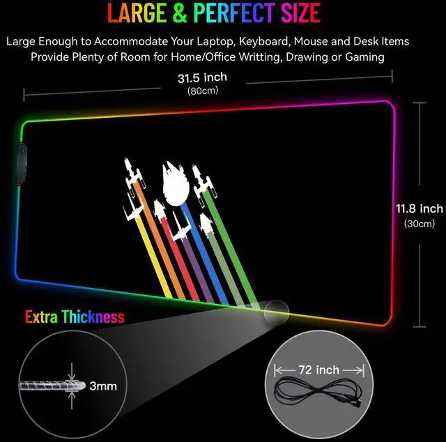 Alt view image 2 of 5 - Stanoha RGB Mousepad LED Desk Mat Gaming Large Keyboard Cute Desktop Computer Laptop 14 Light XXL Long Giant Big Cool Modern Design Unique for Men Boys Gamer Oversized Wide 30x12'' Mousepad, Space