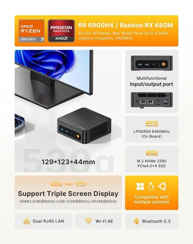 Alt view image 2 of 5 - BOSGAME P6 Gaming Mini PC w/AMD Ryzen 9 6900HX | 32GB DDR5 RAM | 1TB PCIe 4.0 NVMe SSD | Dual Gigabit Ethernet | Triple Display (HDMI/DP/USB-C) | AX210 Wi-Fi 6E | BT 5.3 | Compact Desktop Computer