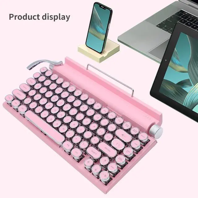 Alt view image 3 of 5 - GUAZI STORE 83-Key Mechanical Keyboard - Retro Typewriter Wireless Bluetooth Gaming Keyboard, Anti-Ghosting Blue Switch (Pink)