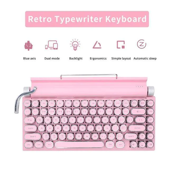 Alt view image 4 of 5 - GUAZI STORE 83-Key Mechanical Keyboard - Retro Typewriter Wireless Bluetooth Gaming Keyboard, Anti-Ghosting Blue Switch (Pink)