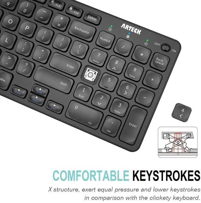 Alt view image 3 of 5 - Arteck 2.4G Wireless Keyboard Ultra Slim Full Size Keyboard with Numeric Keypad and Media Hotkey for Computer/Desktop/PC/Laptop/Surface/Smart TV and Windows 10/8/ 7 Built-in Rechargeable Battery