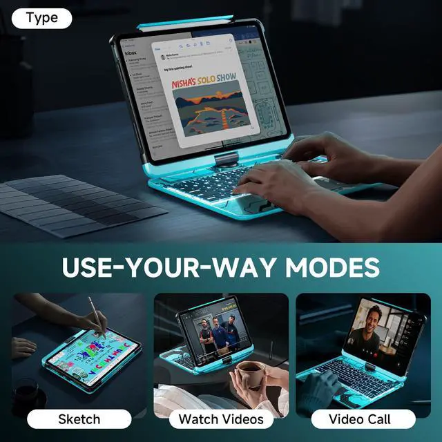 Alt view image 5 of 5 - Tiaota Transparent Case with Keyboard for 2024 iPad Pro 11-inch (M4),with 7-Color Backlit Wireless Keyboard, 360°Rotatable Protective Case Multi-Touch Trackpad,with Pencil Holder,with Shortcuts,Blue