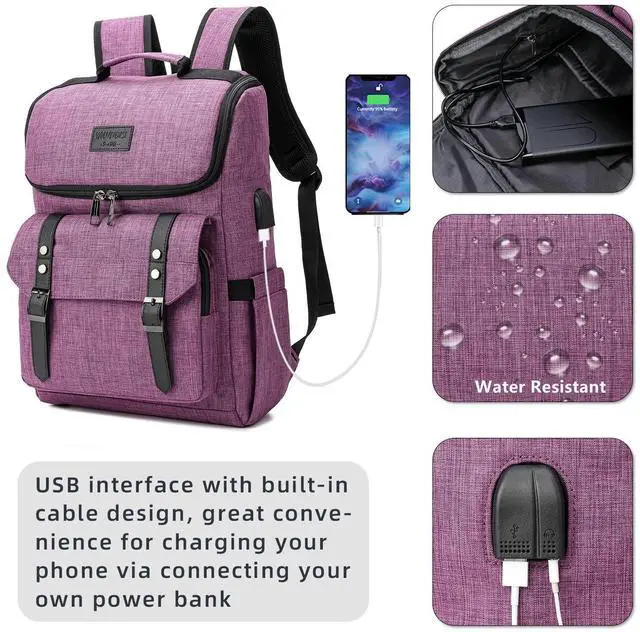 Alt view image 2 of 5 - YALUNDISI Vintage Backpack Travel Laptop Backpack with usb Charging Port for Women & Men College Backpack Fits 15.6 Inch Laptop Purple
