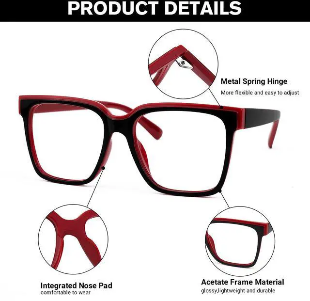 Alt view image 2 of 5 - Zeelool Classic Square Blue Light Blocking Glasses, Eyeglass Frame for Women Anti Eyestrain & UV from Computer Reading/TV/Phone JGT624975-03B Black-Red