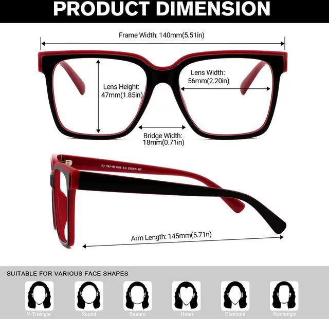 Alt view image 3 of 5 - Zeelool Classic Square Blue Light Blocking Glasses, Eyeglass Frame for Women Anti Eyestrain & UV from Computer Reading/TV/Phone JGT624975-03B Black-Red