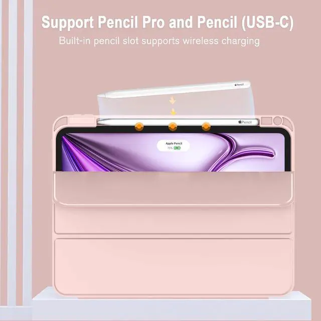 Alt view image 2 of 5 - ZryXal New iPad Air 13 Inch Case M3 2025/M2 2024 with Pencil Holder, Trifold Stand Smart Case with Soft TPU Back,Auto Wake/Sleep(Rose Pink)