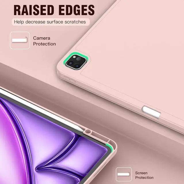 Alt view image 3 of 5 - ZryXal New iPad Air 13 Inch Case M3 2025/M2 2024 with Pencil Holder, Trifold Stand Smart Case with Soft TPU Back,Auto Wake/Sleep(Rose Pink)