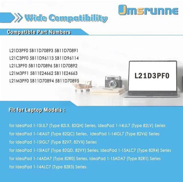 Alt view image 5 of 5 - Jmsrunne L21D3PF0 L21M3PF0 Laptop Battery Compatible with IdeaPad 1-14IJL7 1-14IAU7 1-15IAU7 1-14ADA7 1-14ALC7 1-14IGL7 1-15ADA7 1-15ALC7 1-15IJL7 1-15IGL7 Series L21L3PF0 L21C3PF0 L21M3PF1 42Wh