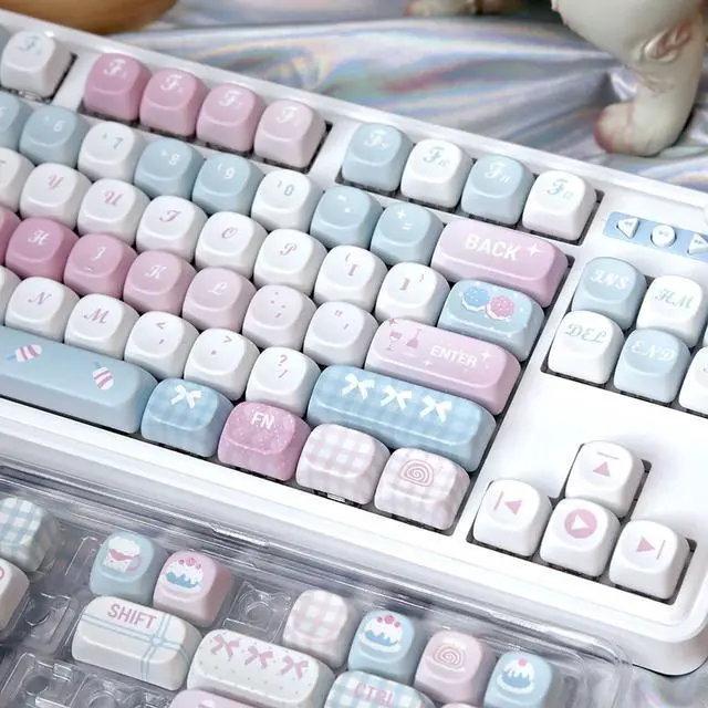 Alt view image 2 of 5 - 131 Keys Cute Pink Keycaps Dye Sub PBT Moa Profile Keycaps Set Fit for 61/64/87/104/108 Cherry Mx Switches Mechanical Keyboard (Pink and Blue)
