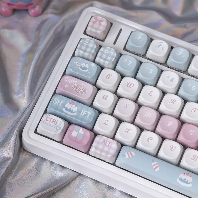 Alt view image 3 of 5 - 131 Keys Cute Pink Keycaps Dye Sub PBT Moa Profile Keycaps Set Fit for 61/64/87/104/108 Cherry Mx Switches Mechanical Keyboard (Pink and Blue)