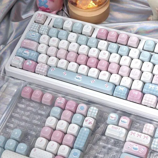 Alt view image 4 of 5 - 131 Keys Cute Pink Keycaps Dye Sub PBT Moa Profile Keycaps Set Fit for 61/64/87/104/108 Cherry Mx Switches Mechanical Keyboard (Pink and Blue)
