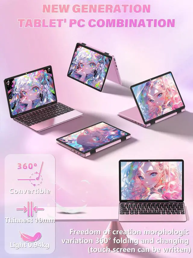 Alt view image 3 of 5 - Svikou 11" Pink 2-in-1 Convertible Touchscreen Laptop, FHD (1920x1200) IPS Display, in tel N100 Processor, 16GB RAM 1TB SSD, Facial Recognition, Backlit KB, USB-C,Win 11 Pro for Students & Travel