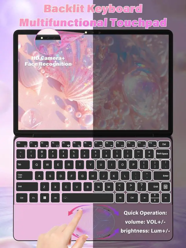 Alt view image 5 of 5 - Svikou 11" Pink 2-in-1 Convertible Touchscreen Laptop, FHD (1920x1200) IPS Display, in tel N100 Processor, 16GB RAM 1TB SSD, Facial Recognition, Backlit KB, USB-C,Win 11 Pro for Students & Travel