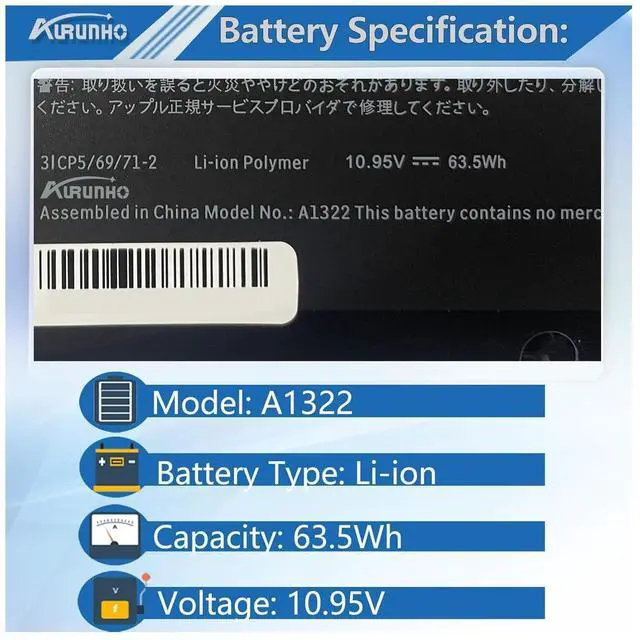 Alt view image 2 of 5 - AURUNHO A1322 A1278 Laptop Battery Replacement for MacBook Pro 13 inch Unibody Mid 2009 2010 2012 Early 2011 Late 2011 A1278 63.5Wh 10.95V