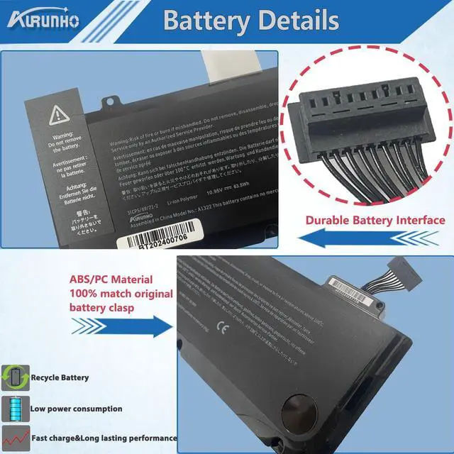 Alt view image 3 of 5 - AURUNHO A1322 A1278 Laptop Battery Replacement for MacBook Pro 13 inch Unibody Mid 2009 2010 2012 Early 2011 Late 2011 A1278 63.5Wh 10.95V