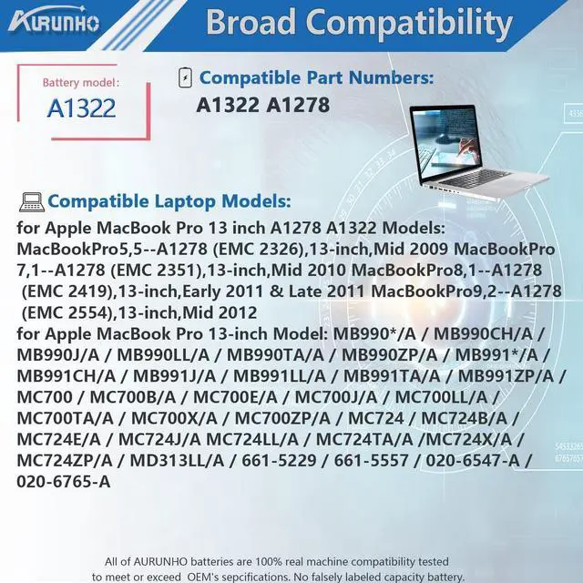 Alt view image 5 of 5 - AURUNHO A1322 A1278 Laptop Battery Replacement for MacBook Pro 13 inch Unibody Mid 2009 2010 2012 Early 2011 Late 2011 A1278 63.5Wh 10.95V
