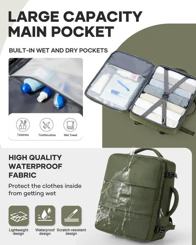 Alt view image 4 of 5 - bergsalz Large Travel Backpack For Women Men,Carry On Backpack For Traveling On Airplanes,Personal Item Travel Bag Laptop Work Backpacks Olive Green