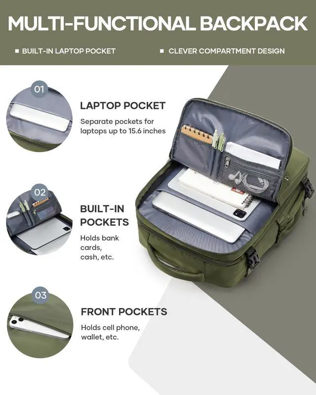 Alt view image 3 of 5 - bergsalz Large Travel Backpack For Women Men,Carry On Backpack For Traveling On Airplanes,Personal Item Travel Bag Laptop Work Backpacks Olive Green