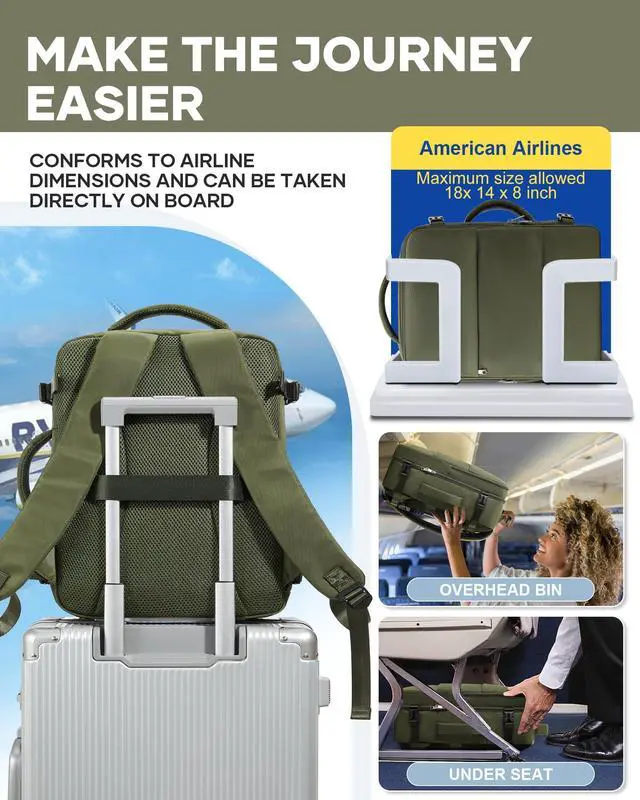 Alt view image 5 of 5 - bergsalz Large Travel Backpack For Women Men,Carry On Backpack For Traveling On Airplanes,Personal Item Travel Bag Laptop Work Backpacks Olive Green