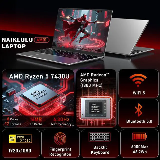 Alt view image 2 of 5 - NAIKLULU Gaming Laptop Computer, Lap Top PC 2025 Win 11 pro, 32GB RAM 1TB SSD, Ryzen 5 7430U (up to 4.3Ghz, Beat 5700U), Backlit Keyboard, IPS 1920 * 1080 FHD Display, WiFi 5, BT5.0, Fingerprint