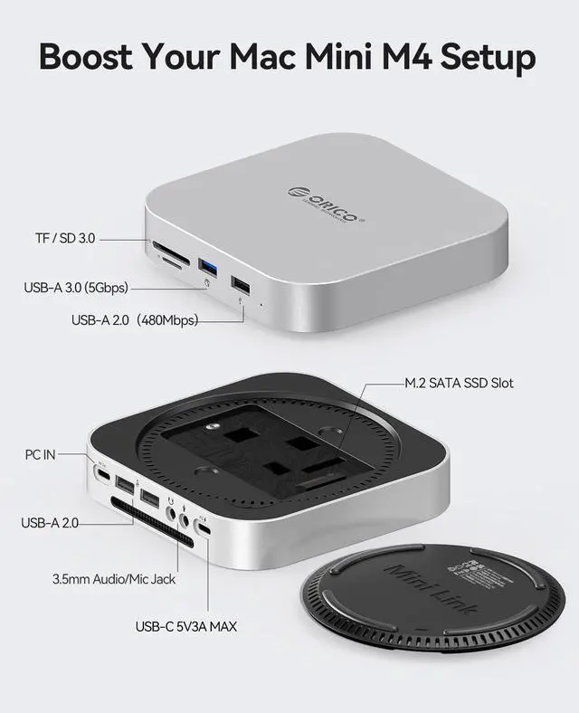 Alt view image 2 of 5 - ORICO MiniLink Mac mini M4 Hub with SATA SSD Enclosure, 5Gbps(480MB/s) USB 3.0 Port, SD 3.0/TF 3.0 Card Readers, 3.5mm Headphone Jack and Microphone Jack (M410P)