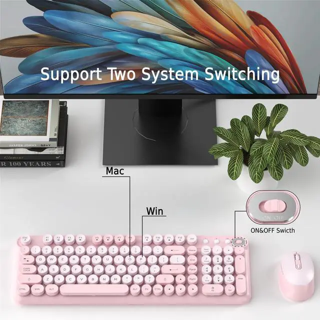 Alt view image 3 of 5 - COVEVA Wireless Keyboard and Mouse Combo, 2.4GHz USB Receiver, Plug and Play, Retro Full Size Typewriter Keyboard and Wireless Mouse for Computer, Laptop, Windows, Mac, and PC (Pink)