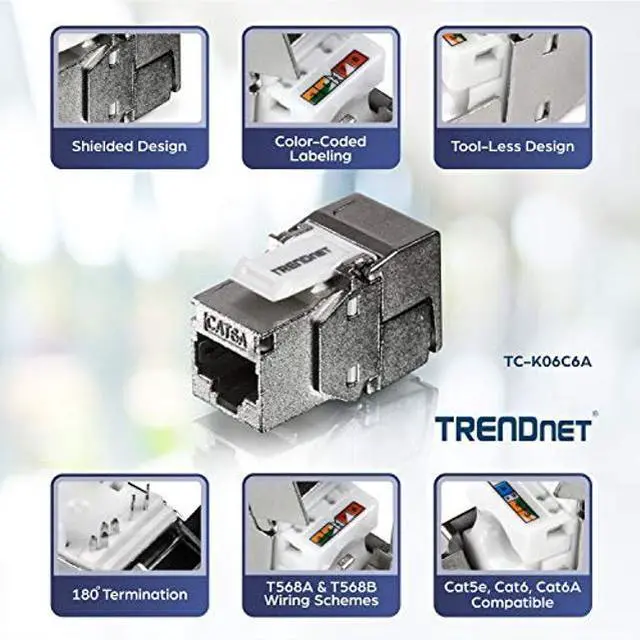 Alt view image 4 of 5 - TRENDnet Shielded Cat6A RJ45 Keystone Jack 6-Pack Bundle, Use with The TC-KP24S Shielded Blank Keystone Patch Panel (Sold Separately), Silver,TC-K06C6A