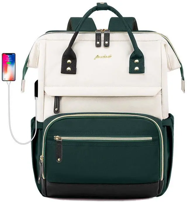 Main image of Laptop Backpack for Womem Work Bags: 17.3 Inch Travel BackPacks With USB Charging Port Anti Theft Fashion College BookBag Durable Daypack Purse Bussiness Back Pack for Nurse Teacher Green Beige