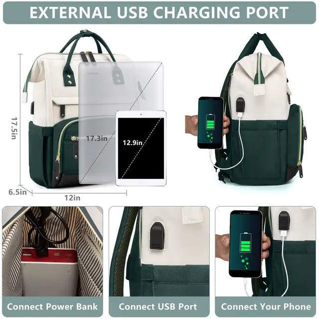 Alt view image 2 of 5 - Laptop Backpack for Womem Work Bags: 17.3 Inch Travel BackPacks With USB Charging Port Anti Theft Fashion College BookBag Durable Daypack Purse Bussiness Back Pack for Nurse Teacher Green Beige