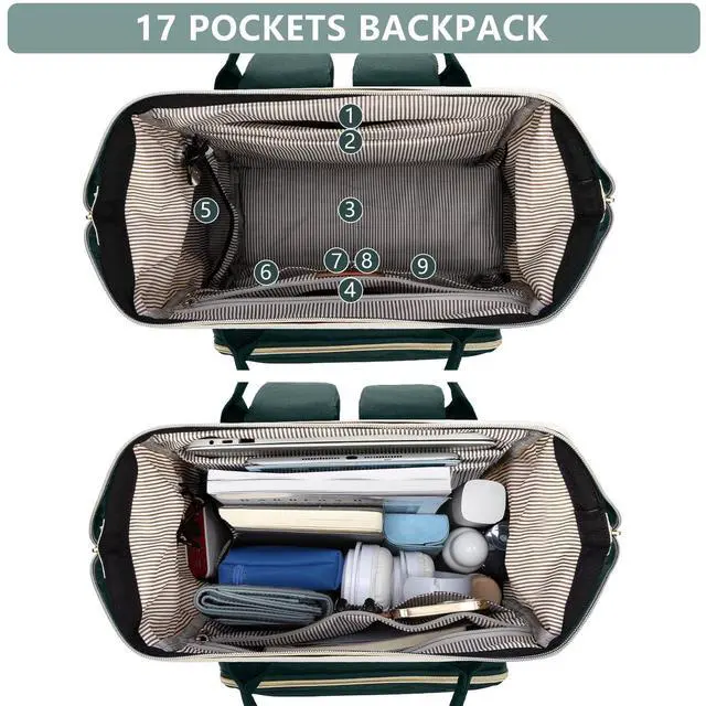 Alt view image 3 of 5 - Laptop Backpack for Womem Work Bags: 17.3 Inch Travel BackPacks With USB Charging Port Anti Theft Fashion College BookBag Durable Daypack Purse Bussiness Back Pack for Nurse Teacher Green Beige