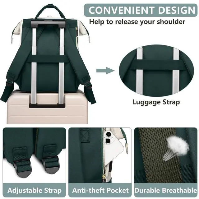 Alt view image 5 of 5 - Laptop Backpack for Womem Work Bags: 17.3 Inch Travel BackPacks With USB Charging Port Anti Theft Fashion College BookBag Durable Daypack Purse Bussiness Back Pack for Nurse Teacher Green Beige