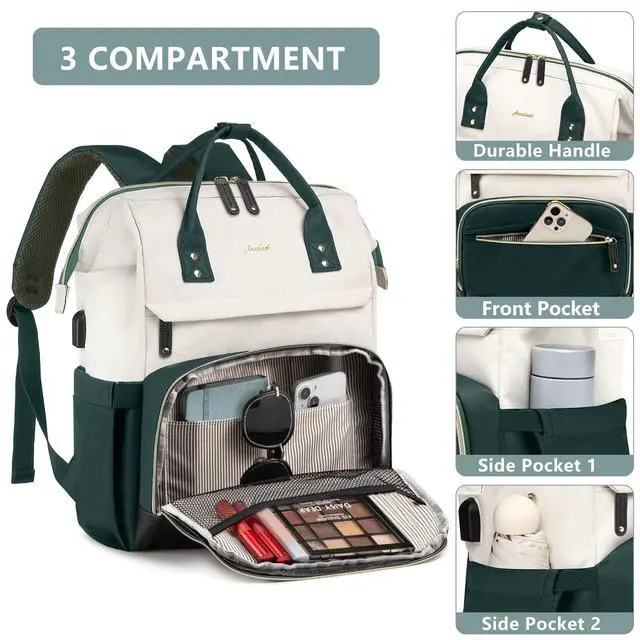 Alt view image 4 of 5 - Laptop Backpack for Womem Work Bags: 17.3 Inch Travel BackPacks With USB Charging Port Anti Theft Fashion College BookBag Durable Daypack Purse Bussiness Back Pack for Nurse Teacher Green Beige