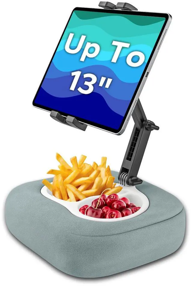 Main image of Tablet Pillow Stand, iPad Pillow Holder Compatible with 4.7"-13" Phone/Tablet, Kindle, Samsung, 360° Adjustable Tablet Holder for Bed, Lap, Sofa, with Soft Plush Fabric and Detachable Bowl, Gray