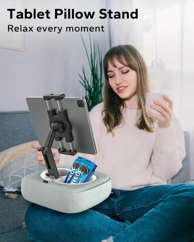 Alt view image 2 of 5 - Tablet Pillow Stand, iPad Pillow Holder Compatible with 4.7"-13" Phone/Tablet, Kindle, Samsung, 360° Adjustable Tablet Holder for Bed, Lap, Sofa, with Soft Plush Fabric and Detachable Bowl, Gray