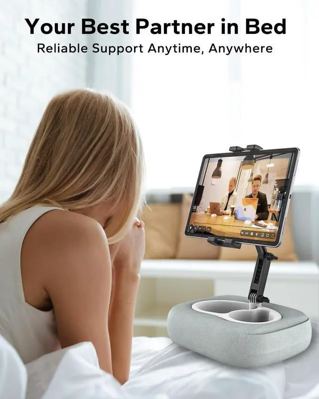 Alt view image 3 of 5 - Tablet Pillow Stand, iPad Pillow Holder Compatible with 4.7"-13" Phone/Tablet, Kindle, Samsung, 360° Adjustable Tablet Holder for Bed, Lap, Sofa, with Soft Plush Fabric and Detachable Bowl, Gray