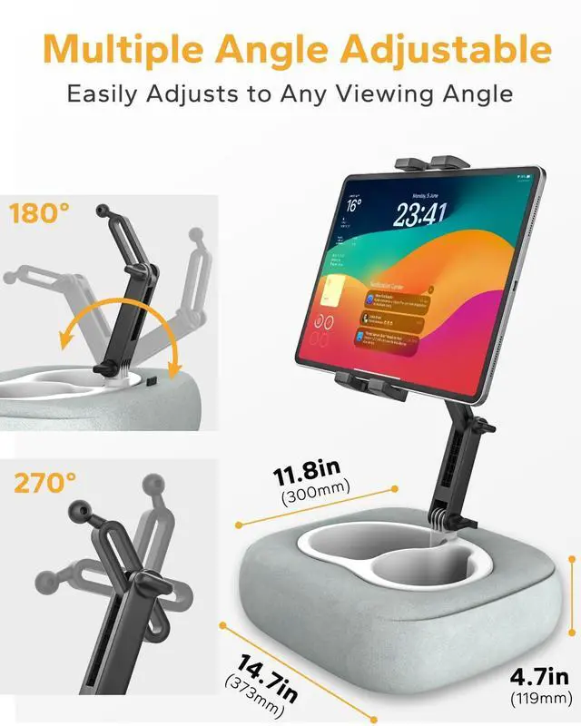 Alt view image 4 of 5 - Tablet Pillow Stand, iPad Pillow Holder Compatible with 4.7"-13" Phone/Tablet, Kindle, Samsung, 360° Adjustable Tablet Holder for Bed, Lap, Sofa, with Soft Plush Fabric and Detachable Bowl, Gray