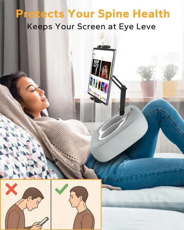 Alt view image 5 of 5 - Tablet Pillow Stand, iPad Pillow Holder Compatible with 4.7"-13" Phone/Tablet, Kindle, Samsung, 360° Adjustable Tablet Holder for Bed, Lap, Sofa, with Soft Plush Fabric and Detachable Bowl, Gray