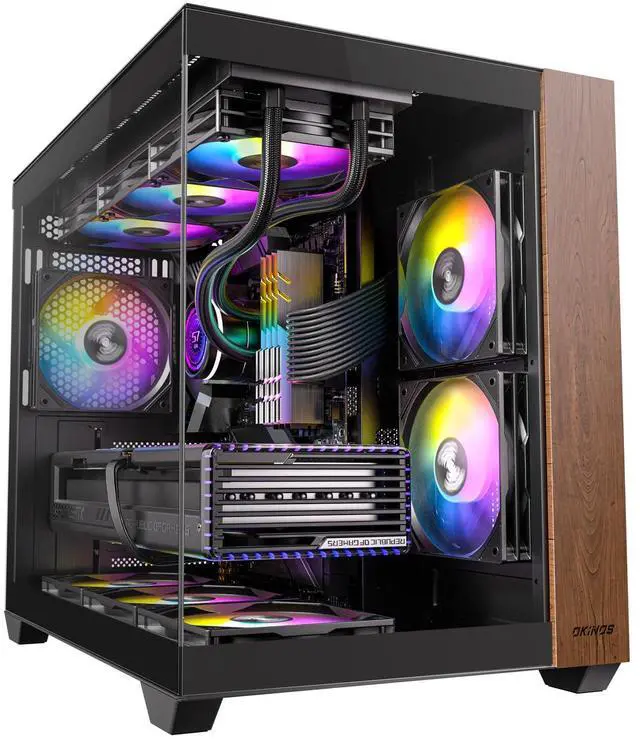 Main image of Okinos Genuine Walnut Wood PC Case, Pre-Installed 4 x 120mm ARGB & PWM Fans, Type-C Port, Panoramic View Tempered Glass Side Panel, Black, ATX Case, Mid-Tower, Mirage 6