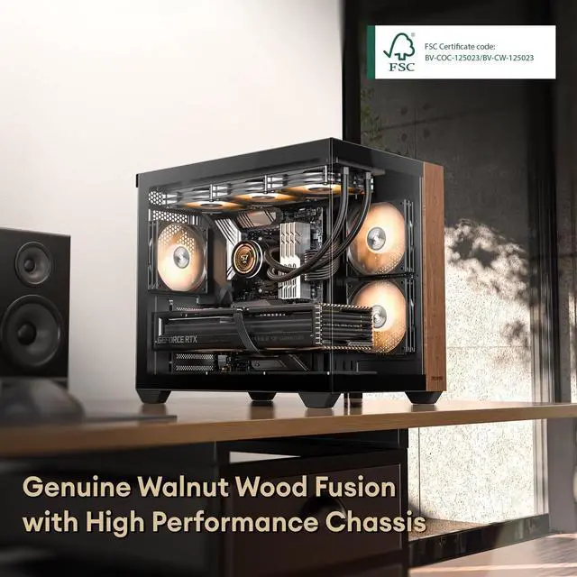 Alt view image 2 of 5 - Okinos Genuine Walnut Wood PC Case, Pre-Installed 4 x 120mm ARGB & PWM Fans, Type-C Port, Panoramic View Tempered Glass Side Panel, Black, ATX Case, Mid-Tower, Mirage 6