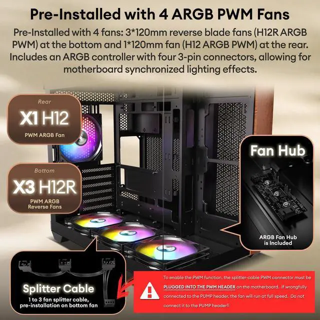 Alt view image 3 of 5 - Okinos Genuine Walnut Wood PC Case, Pre-Installed 4 x 120mm ARGB & PWM Fans, Type-C Port, Panoramic View Tempered Glass Side Panel, Black, ATX Case, Mid-Tower, Mirage 6