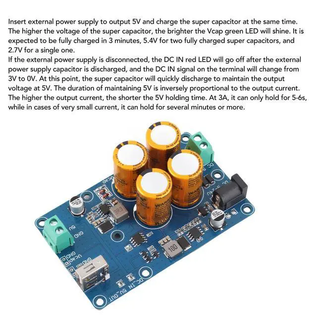 Alt view image 2 of 5 - Fockety Super Capacitor UPS for RPI Uninterruptible Power Supply DC924V Input DC5V3A Output 1060S Power Down Endurance Data Save, UPS Module Power Supply Monitoring (4S)