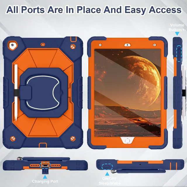 Alt view image 5 of 5 - WESOROL Case for iPad 9th/8th/7th Generation 10.2 Inch iPad 9th Generation Case with Screen Protector Rotating Stand Pencil Holder Heavy Duty Shockproof Cover for 9th Gen iPad Case Kids,Navy Orange