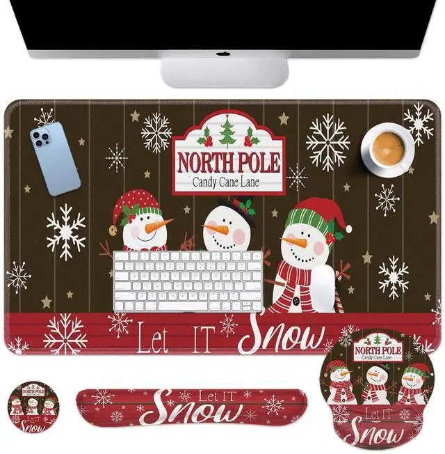 Main image of Britimes Keyboard Mouse Pad Set Christmas Snowman Snowflakes 4in1 Large Mousepad+Keyboard Wrist Rest+Mouse Wrist Rest+Coaster Set with Ergonomic Design for Home Office Computer 35.4x15.7In