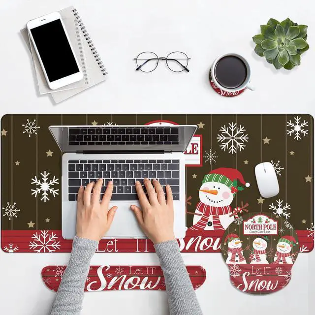 Alt view image 4 of 5 - Britimes Keyboard Mouse Pad Set Christmas Snowman Snowflakes 4in1 Large Mousepad+Keyboard Wrist Rest+Mouse Wrist Rest+Coaster Set with Ergonomic Design for Home Office Computer 35.4x15.7In
