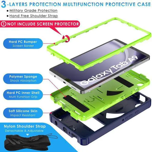 Alt view image 5 of 5 - DETUOSI Kids Case for Samsung Galaxy Tab A9 8.7" 2023 Tablet (SM-X110/X115/X117) with Shoulder Strap,3-Layers Hybrid Heavy Duty Full-Body Shockproof,4-Angles Viewing Protective Cover for Children Boys