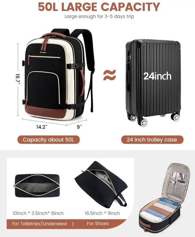 Alt view image 3 of 5 - LOVEVOOK 50L Travel Backpack for Women Flight Approved, Carry on Backpack for Airplanes, TSA Personal Item Travel Bag, Waterproof 18 Inch Laptop Backpack, Business Weekender Overnight Daypack, 4Pcs