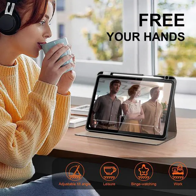 Alt view image 3 of 5 - XFYKJIN for iPad 11th Gen 11 inch 2025 & 10th Gen 10.9 inch 2022 Case with Pencil Holder, Premium Leather Smart Cover Auto Wake/Sleep, Multi-Angle Protective Stand Case,Gray Brown