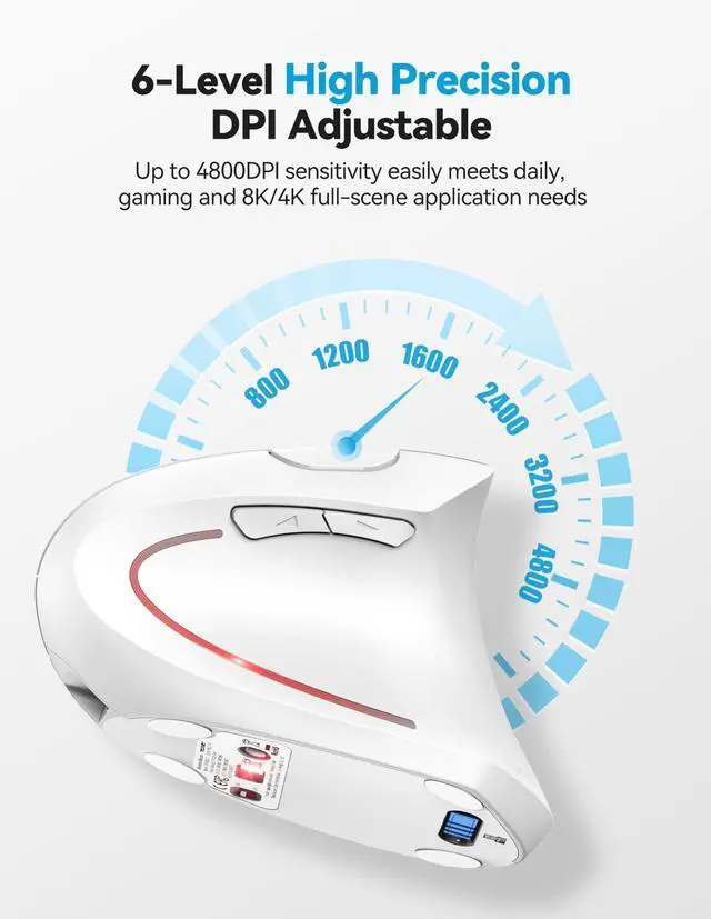 Alt view image 3 of 5 - TECKNET Ergonomic Mouse, Rechargeable 2.4G+Bluetooth Vertical Mice 6 DPI Adjustable, Wireless Optical Carpal Tunnel Mouse Right Hand, Multi Device for Laptop, PC, Computer, MacBook, iPad - White
