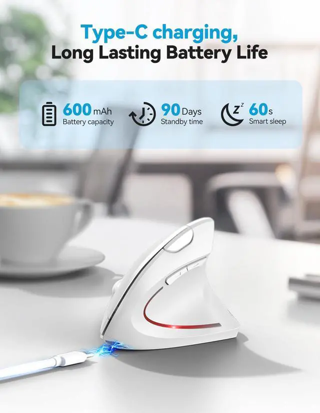 Alt view image 4 of 5 - TECKNET Ergonomic Mouse, Rechargeable 2.4G+Bluetooth Vertical Mice 6 DPI Adjustable, Wireless Optical Carpal Tunnel Mouse Right Hand, Multi Device for Laptop, PC, Computer, MacBook, iPad - White