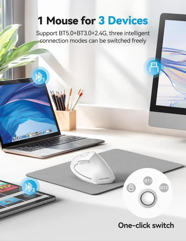 Alt view image 2 of 5 - TECKNET Ergonomic Mouse, Rechargeable 2.4G+Bluetooth Vertical Mice 6 DPI Adjustable, Wireless Optical Carpal Tunnel Mouse Right Hand, Multi Device for Laptop, PC, Computer, MacBook, iPad - White
